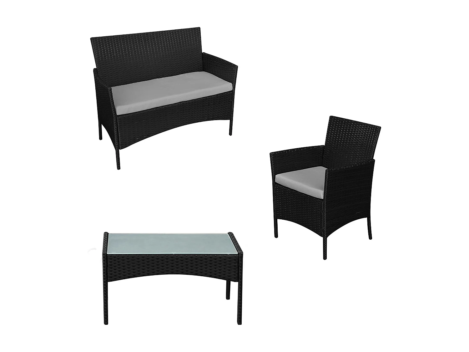 Salon de jardin CORFOU en résine tressée noire 4 places - coussins gris - HAPPY GARDEN