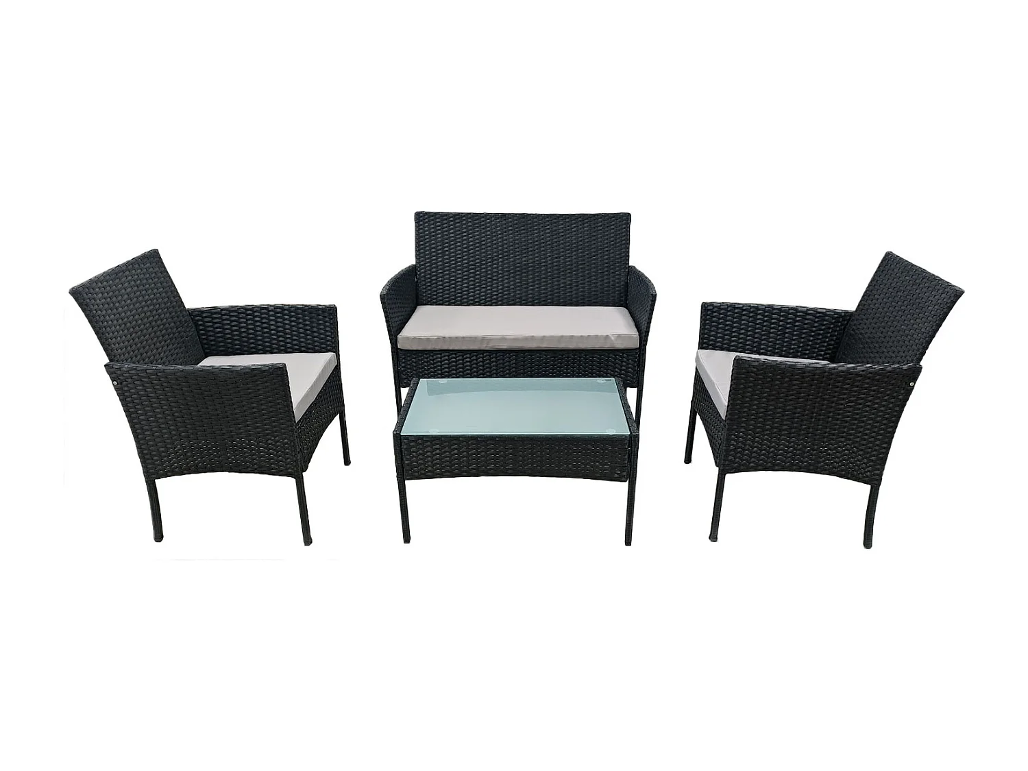 Salon de jardin CORFOU en résine tressée noire 4 places - coussins gris - HAPPY GARDEN