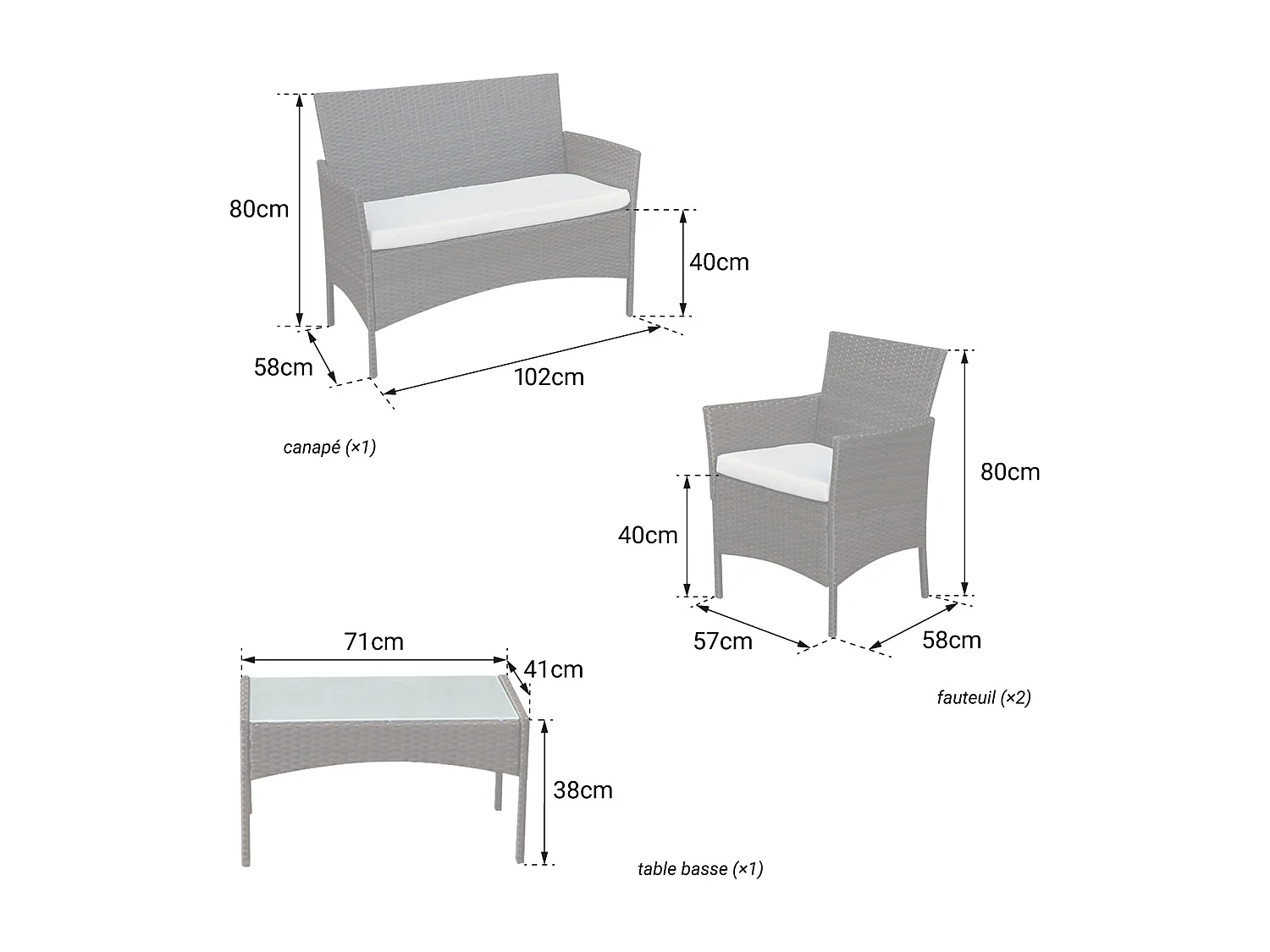 Salon de jardin CORFOU en résine tressée noire 4 places - coussins gris - HAPPY GARDEN