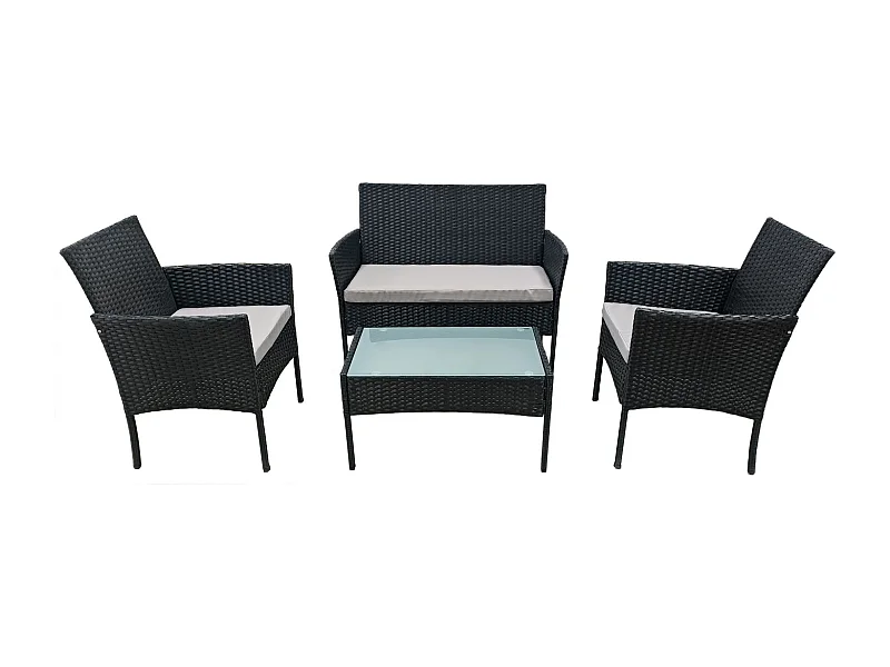 Salon de jardin CORFOU en résine tressée noire 4 places - coussins gris - HAPPY GARDEN