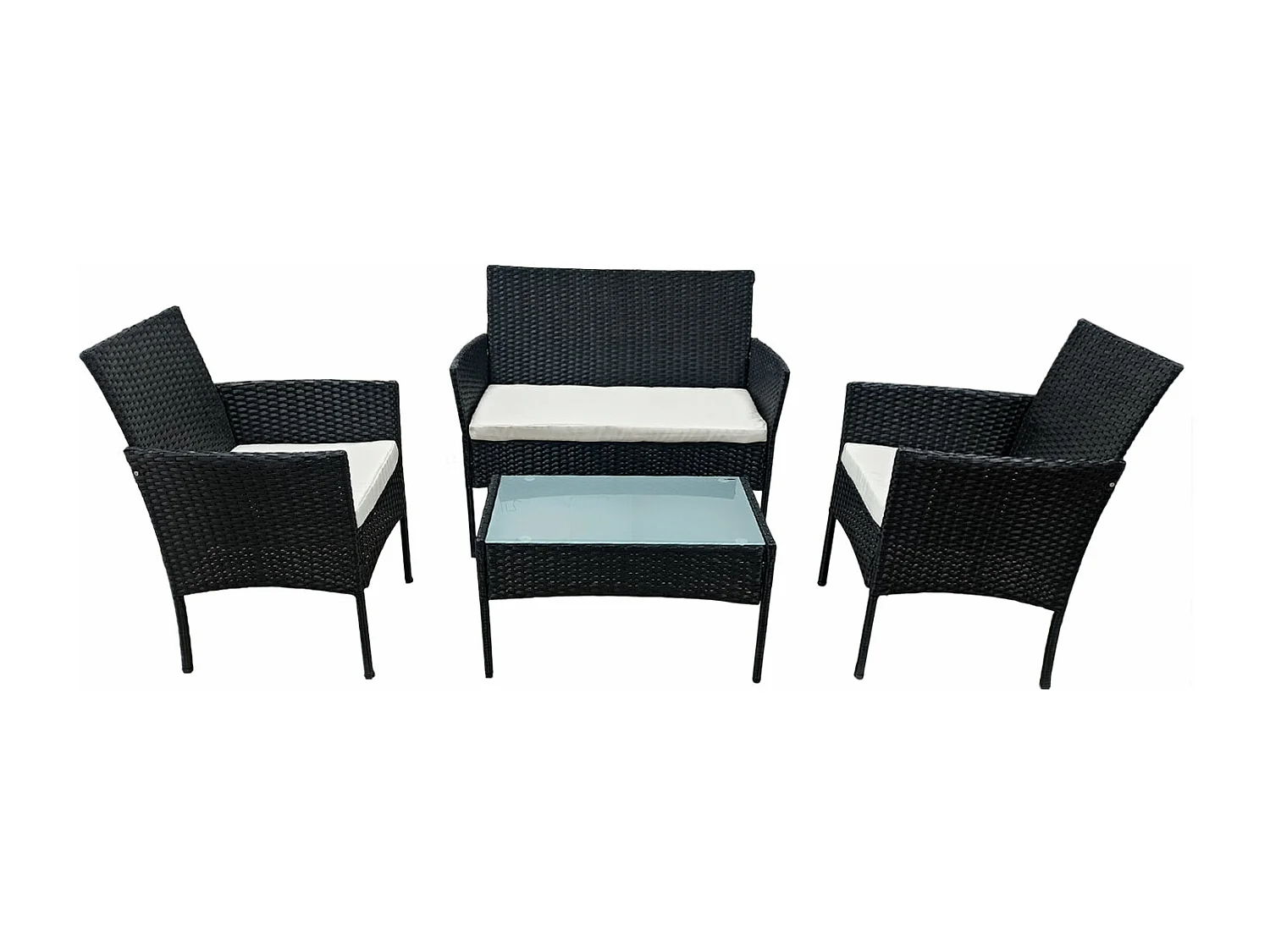 Conjunto de jardín CORFOU de resina tejida negra 4 asientos cojines beige