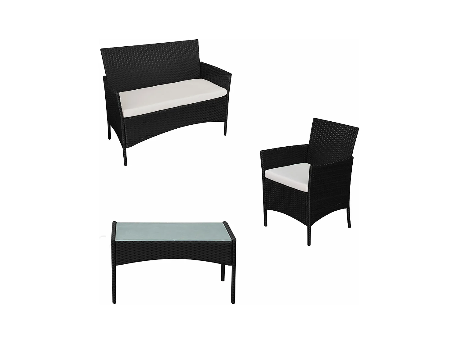 Conjunto de jardín CORFOU de resina tejida negra 4 asientos cojines beige