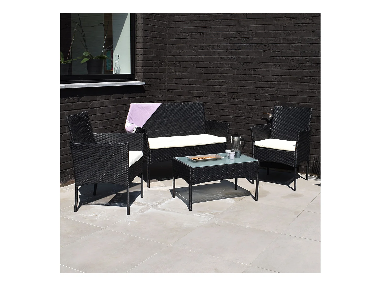 Conjunto de jardín CORFOU de resina tejida negra 4 asientos cojines beige