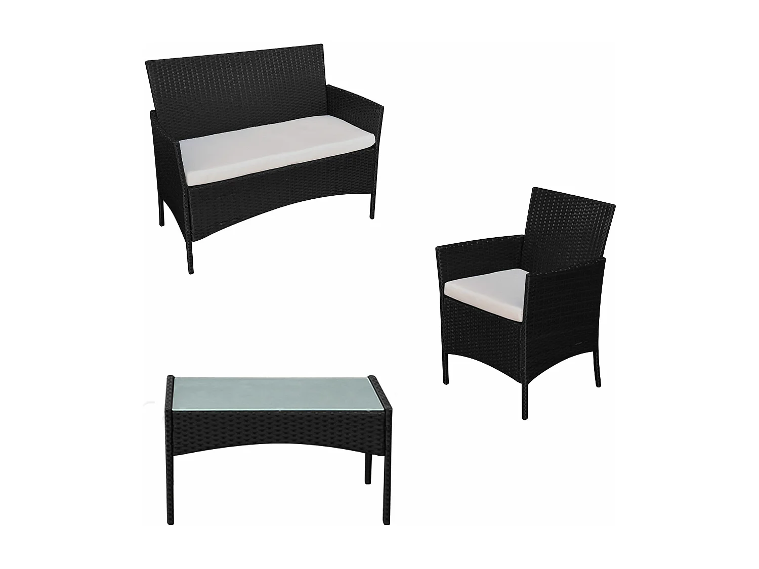 Conjunto de jardín CORFOU de resina tejida negra 4 asientos cojines beige