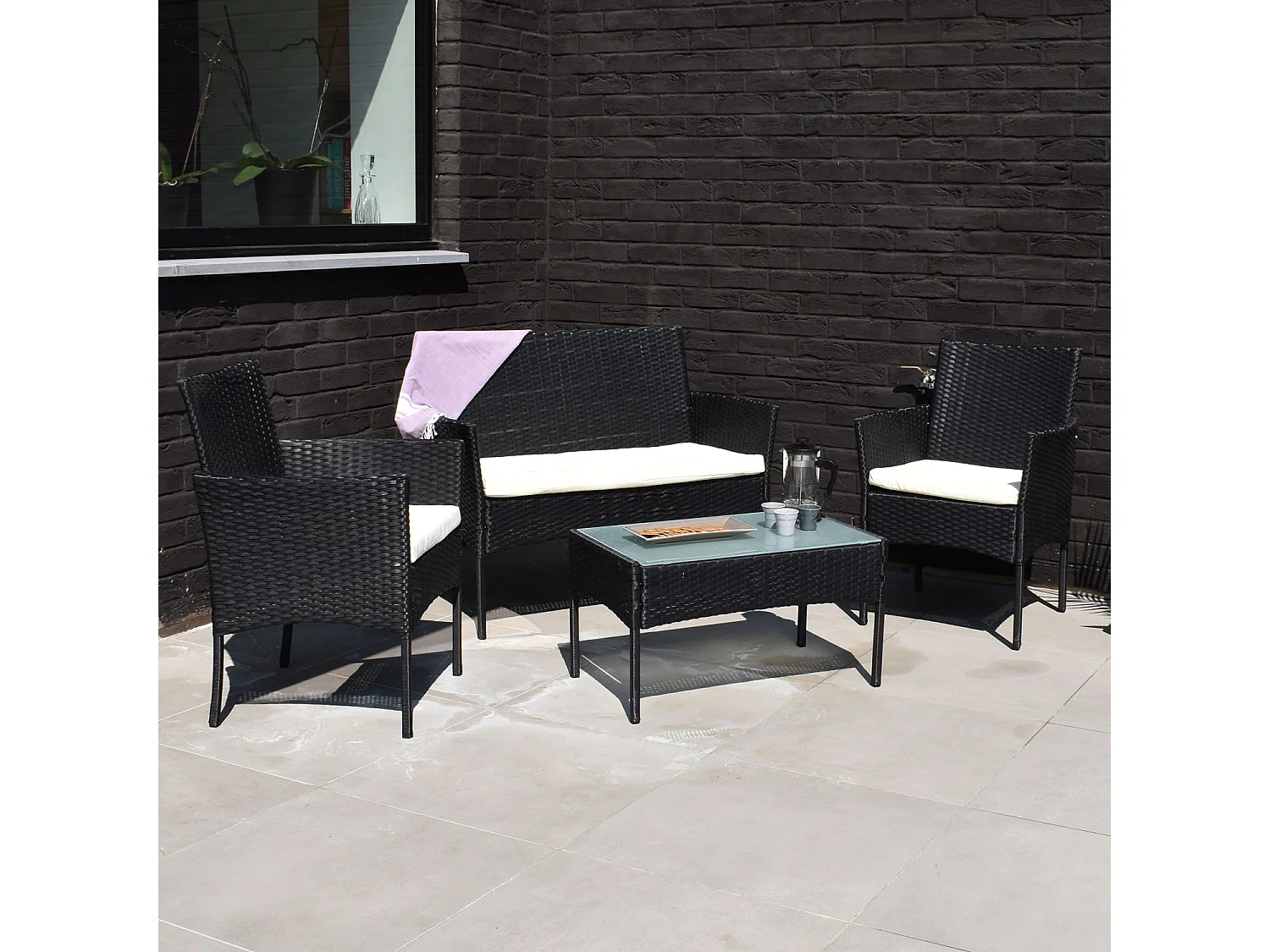 Salon de jardin CORFOU en résine tressée noire 4 places - coussins beige - HAPPY GARDEN