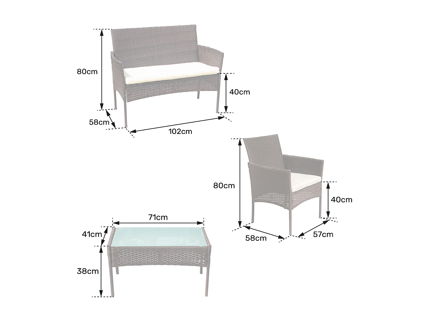 CORFOU tuinset in zwart gevlochten kunststof - 4 zitplaatsen - beige kussens