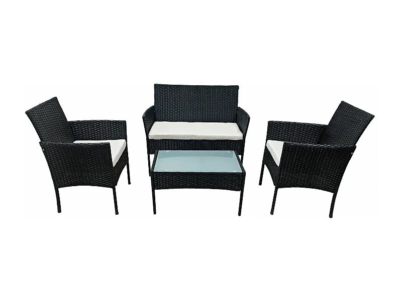 Salon de jardin CORFOU en résine tressée noire 4 places - coussins beige - HAPPY GARDEN