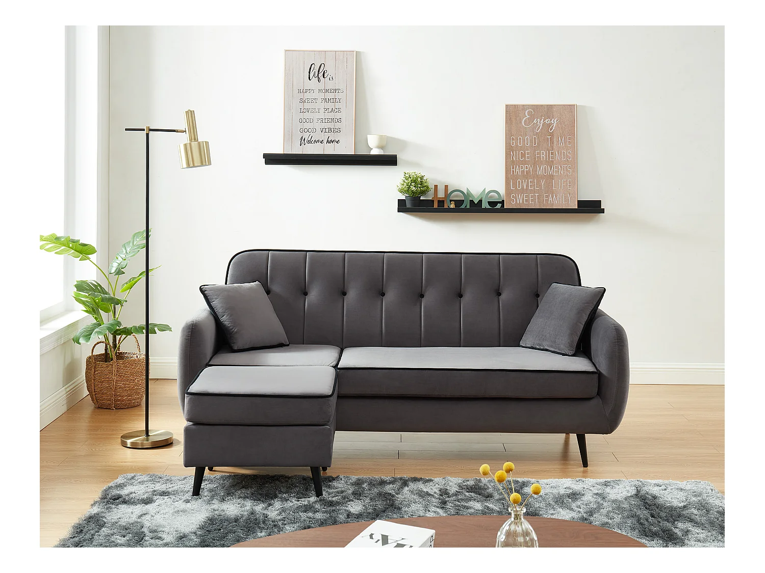 Canapé d'angle SWEETY en velours gris avec pieds en métal noir 4places et 2 coussins inclus