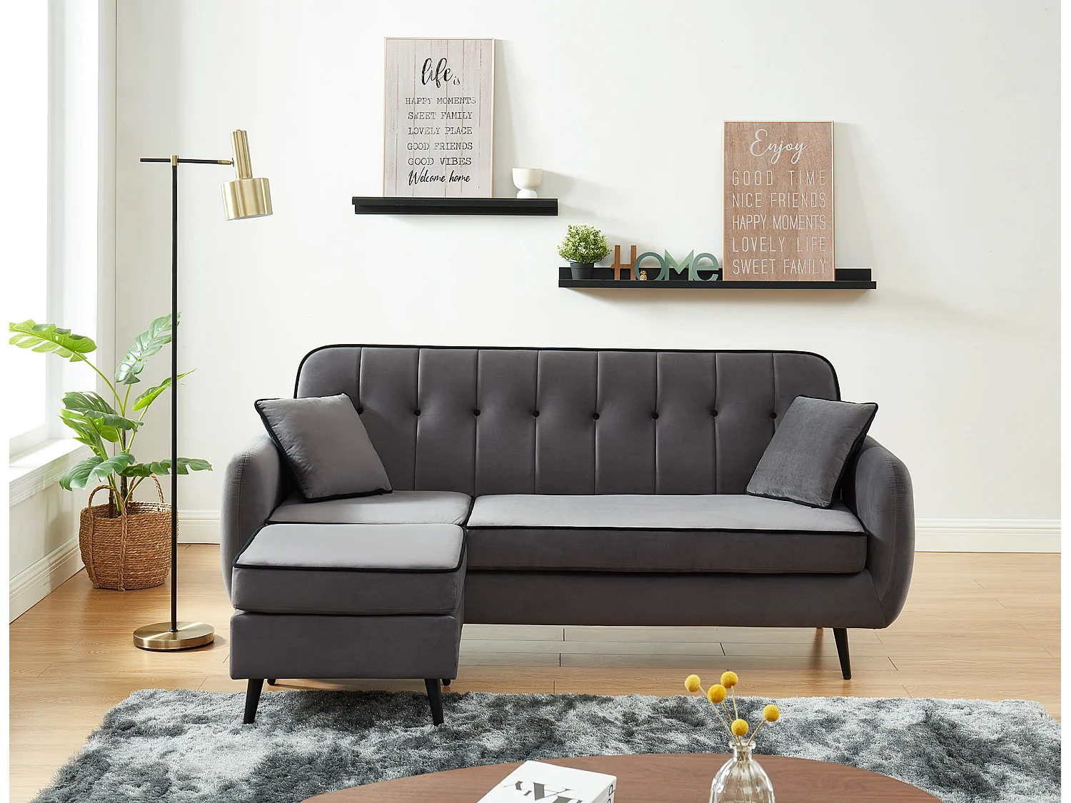 Canapé d'angle SWEETY en velours gris avec pieds en métal noir 4places et 2 coussins inclus