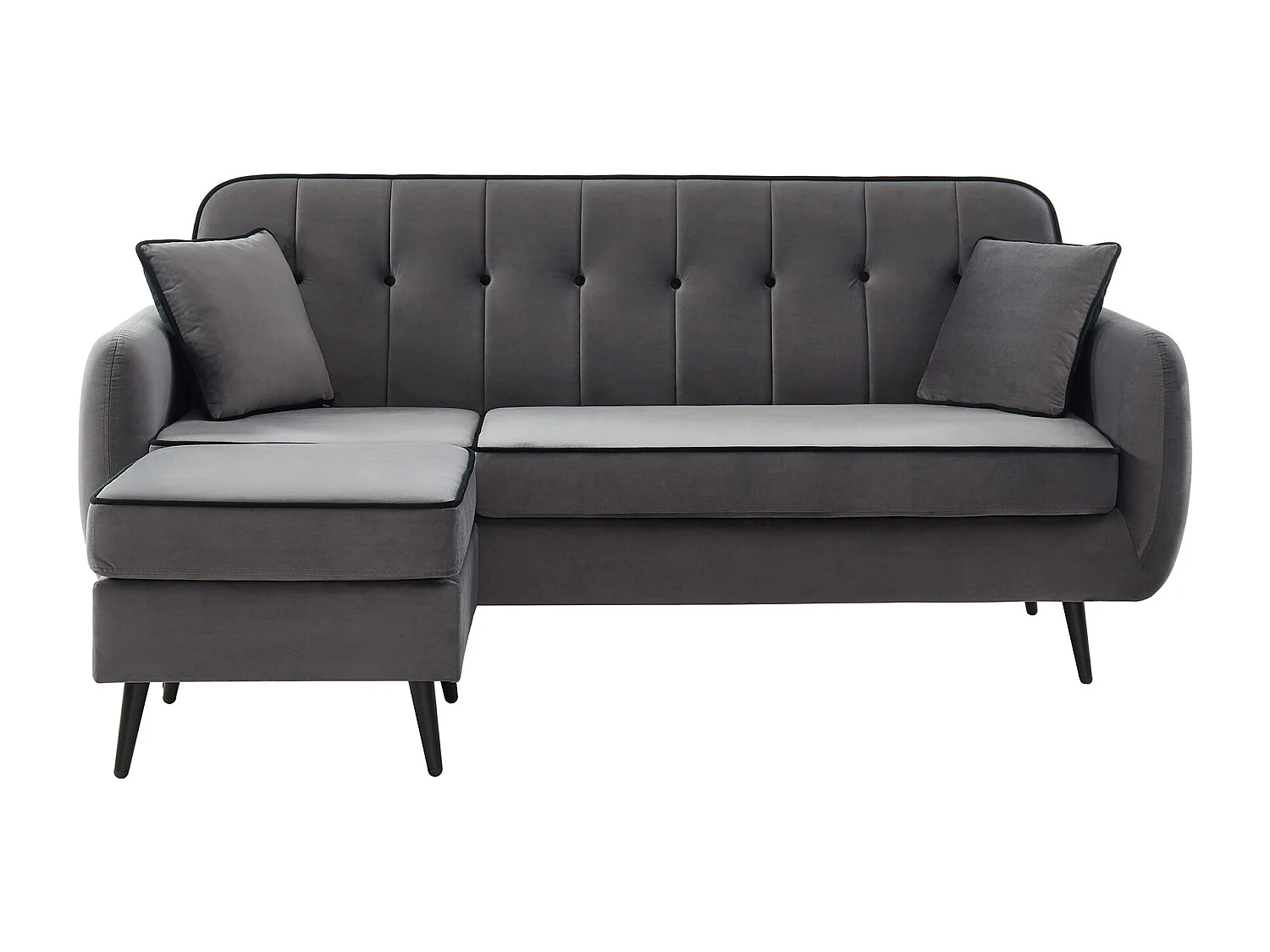 Canapé d'angle SWEETY en velours gris avec pieds en métal noir 4places et 2 coussins inclus