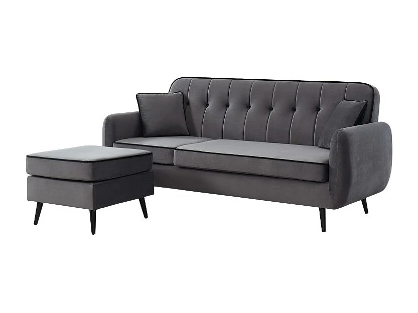 Canapé d'angle SWEETY en velours gris avec pieds en métal noir 4places et 2 coussins inclus