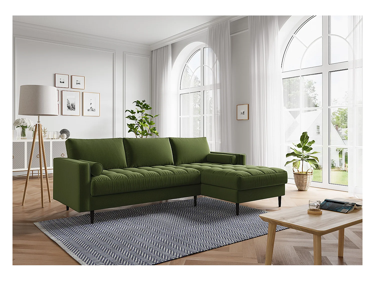 Canapé d'angle MAEL Cacharel fixe en velours kaki