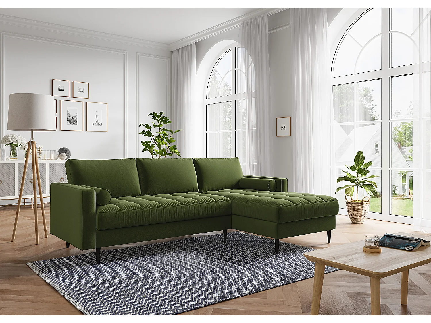 Canapé d'angle MAEL Cacharel fixe en velours kaki