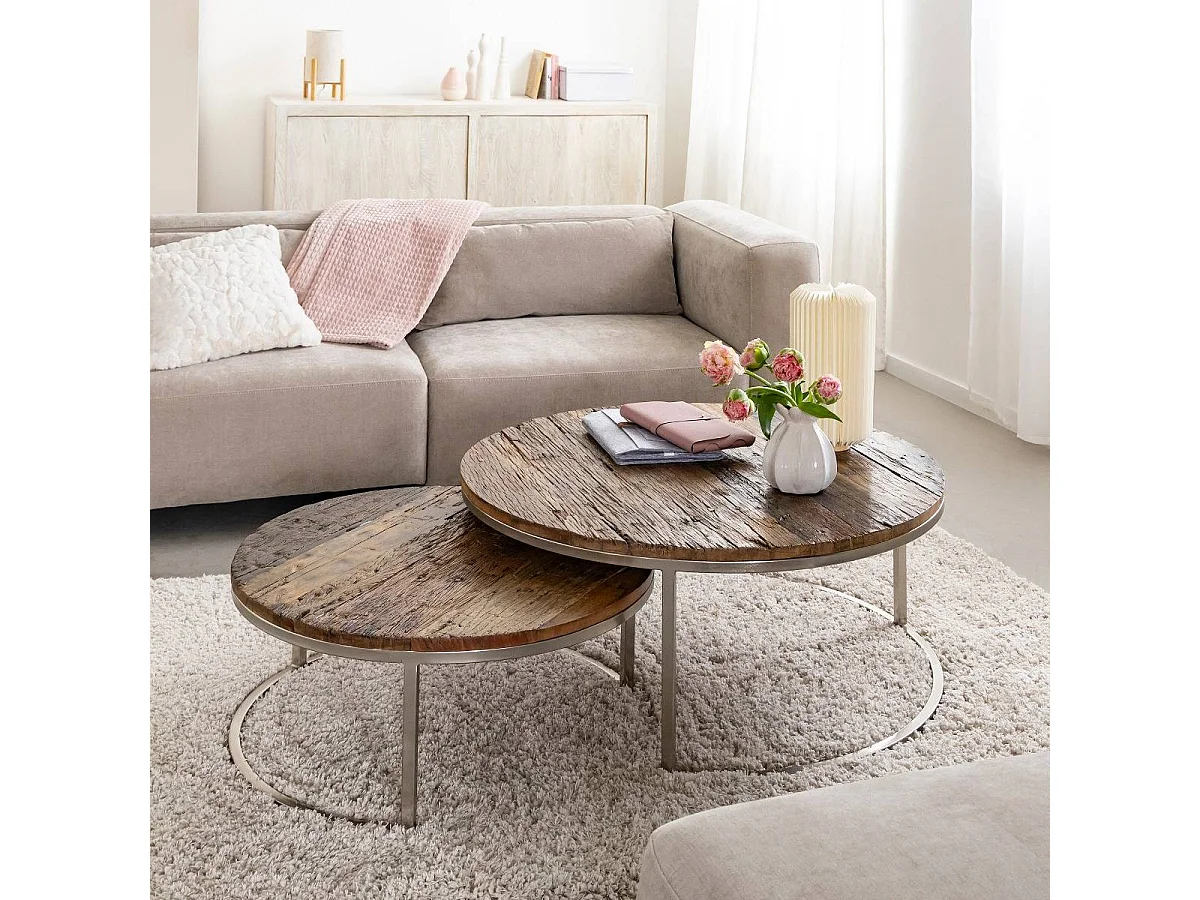 Mesa auxiliar redonda de madera reciclada Milla con almacenamiento - Estilo industrial