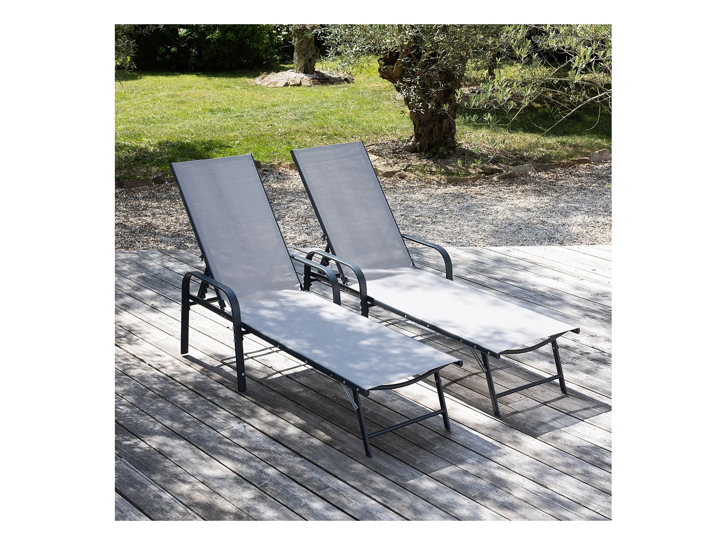 Lot de 2 bains de soleil SARDINIA en textilène gris - structure anthracite - HAPPY GARDEN