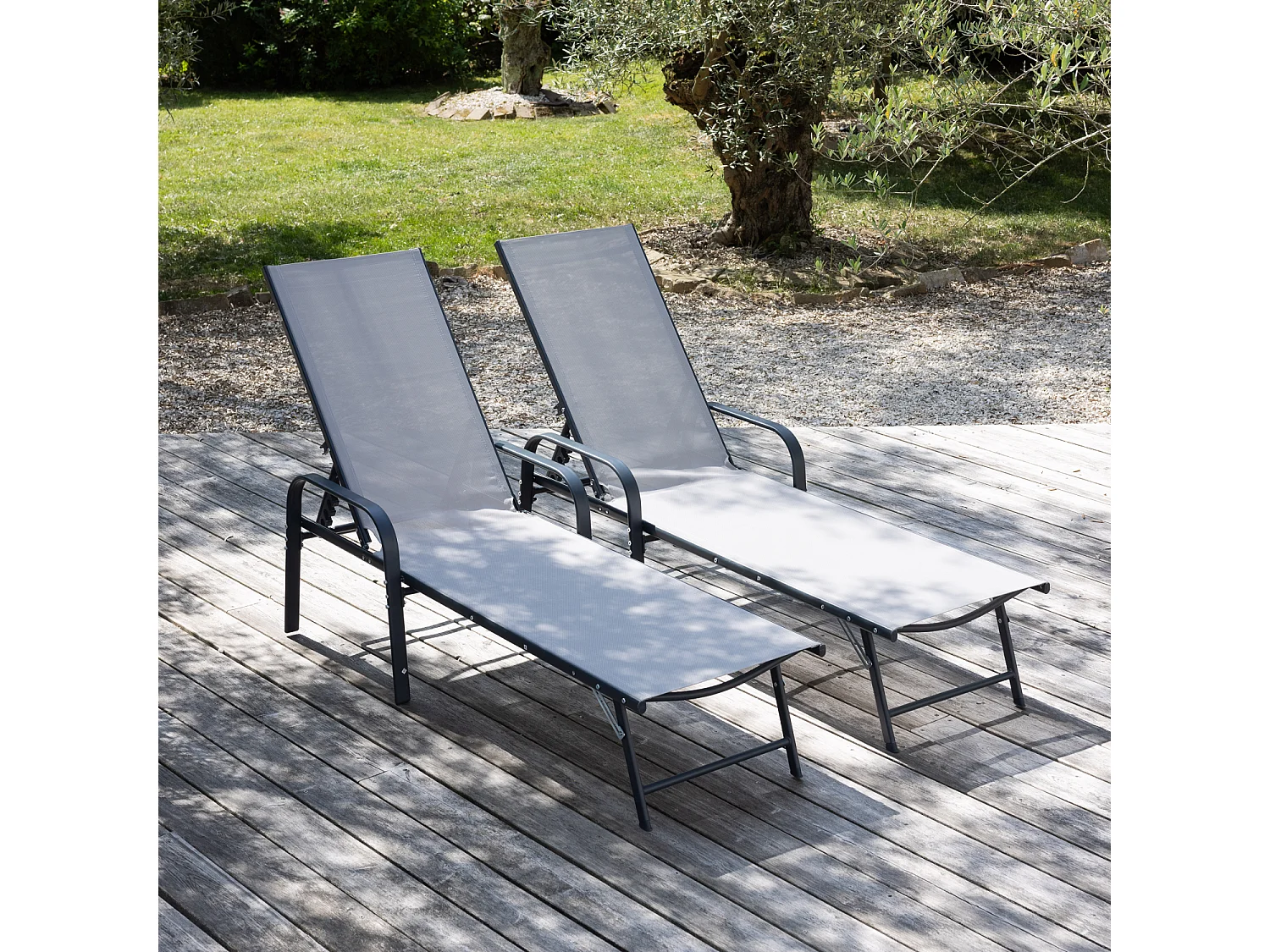 Lot de 2 bains de soleil SARDINIA en textilène gris - structure anthracite - HAPPY GARDEN