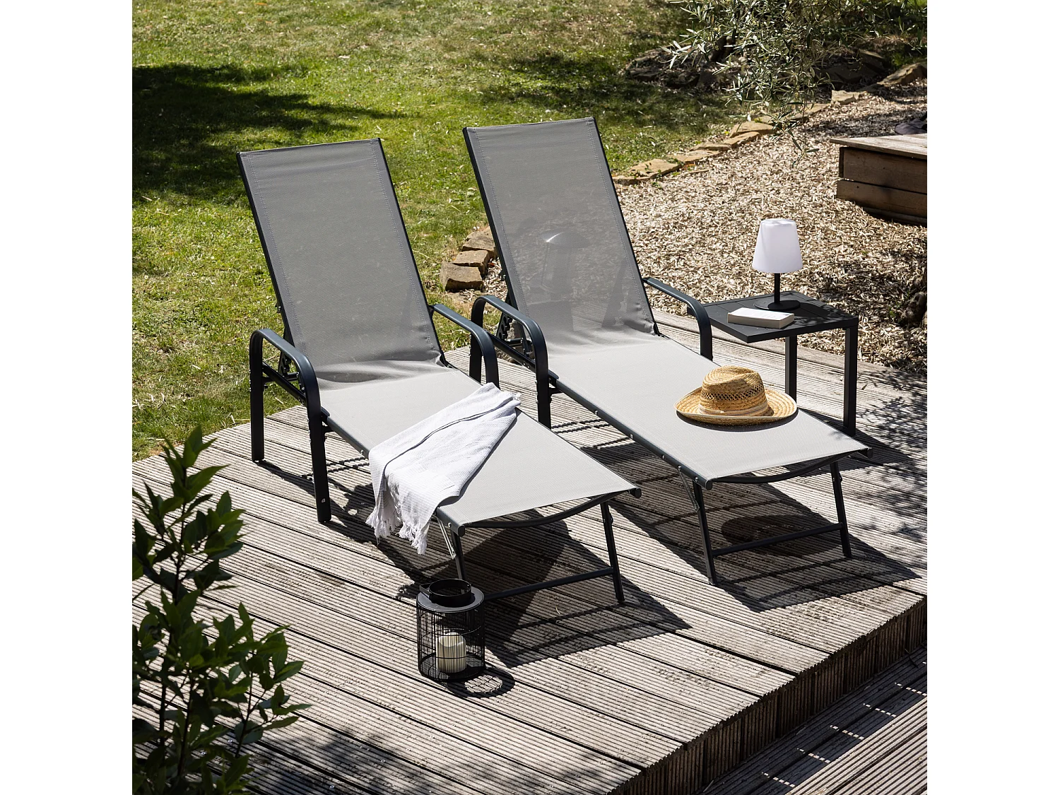 Lot de 2 bains de soleil SARDINIA en textilène gris - structure anthracite - HAPPY GARDEN