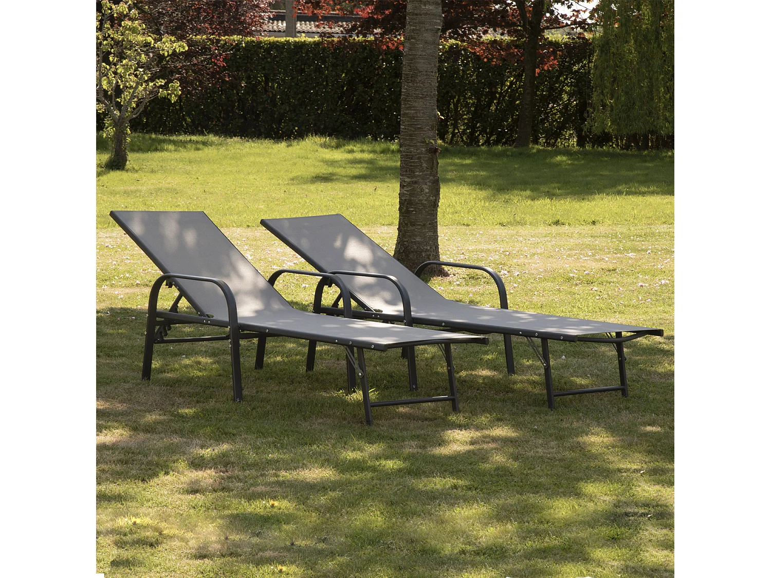 Lot de 2 bains de soleil SARDINIA en textilène gris - structure anthracite - HAPPY GARDEN