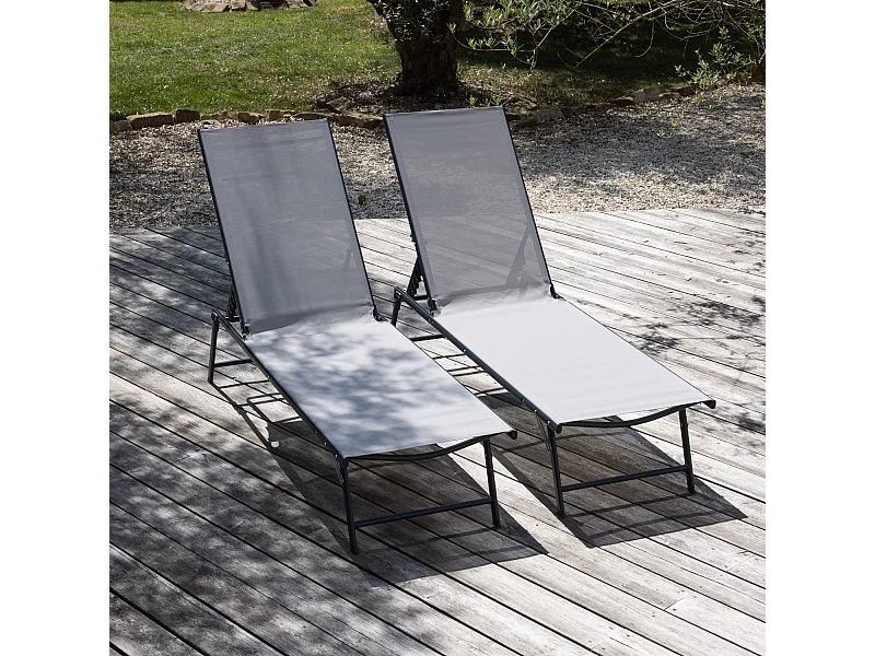 Lot de 2 bains de soleil pliants SICILIA en textilène gris - structure anthracite - HAPPY GARDEN