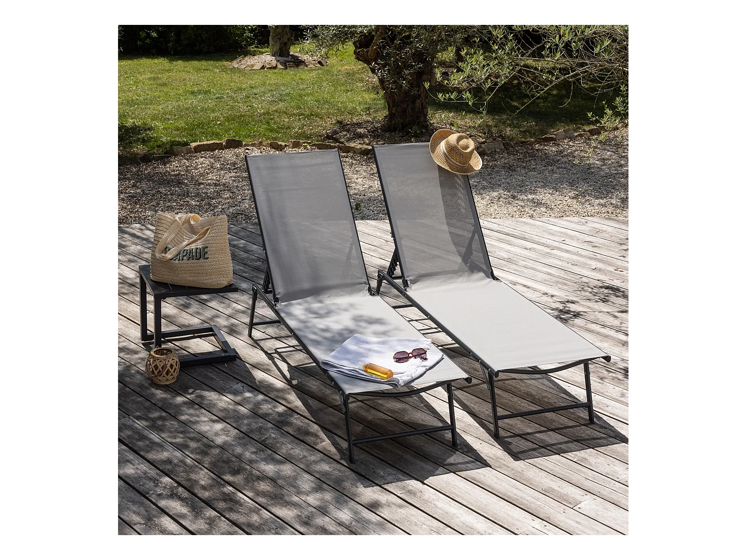Conjunto de 2 espreguiçadeiras dobráveis SICILIA em textileno cinzento - estrutura antracite