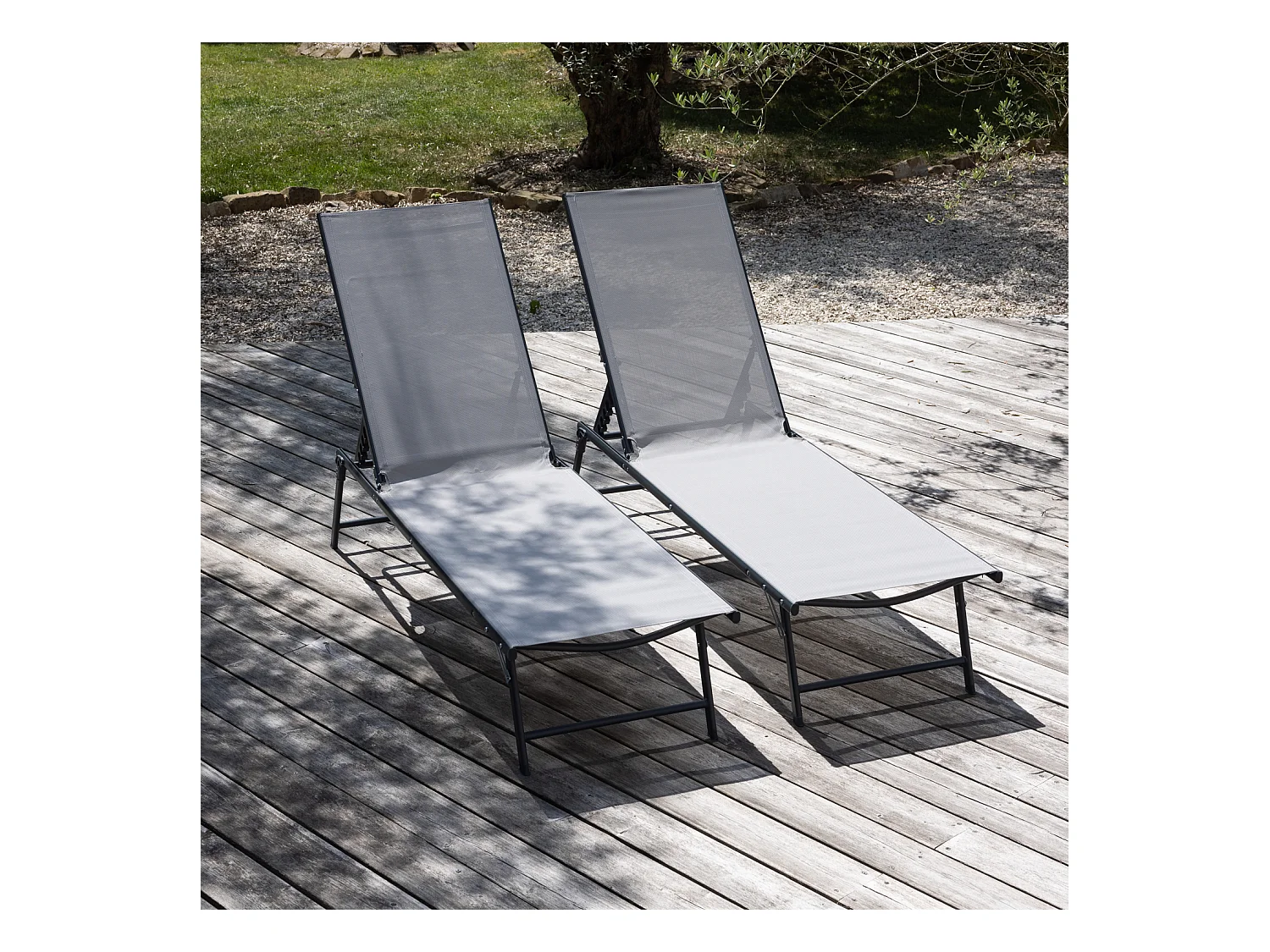 Lot de 2 bains de soleil pliants SICILIA en textilène gris - structure anthracite - HAPPY GARDEN