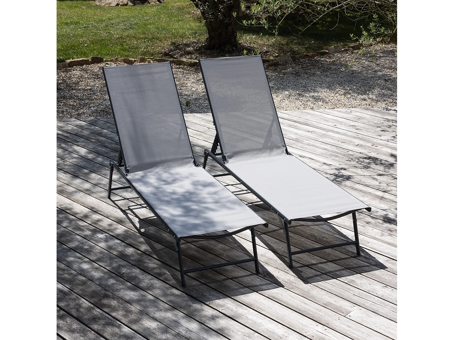 Lot de 2 bains de soleil pliants SICILIA en textilène gris - structure anthracite - HAPPY GARDEN