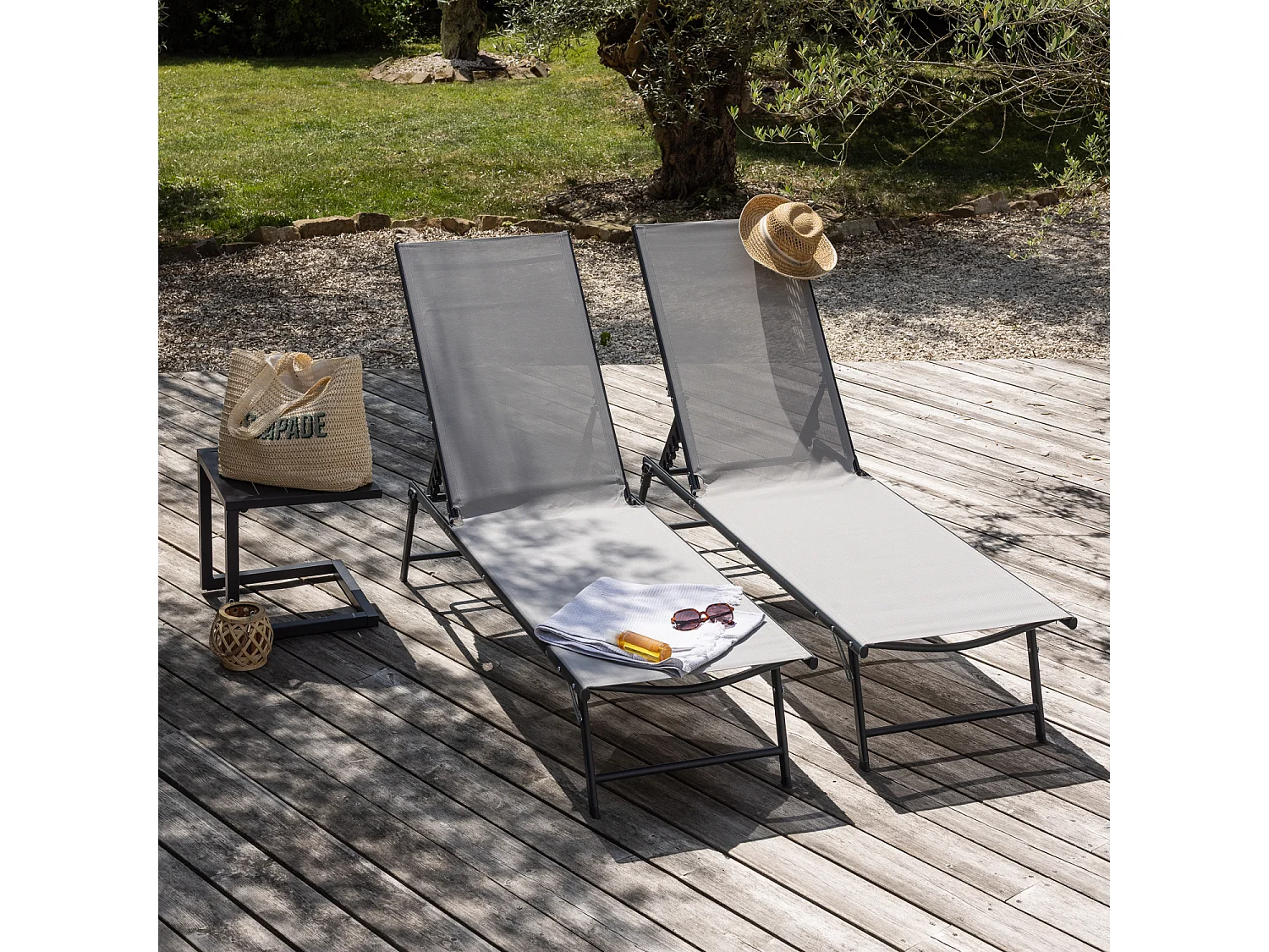 Lot de 2 bains de soleil pliants SICILIA en textilène gris - structure anthracite - HAPPY GARDEN