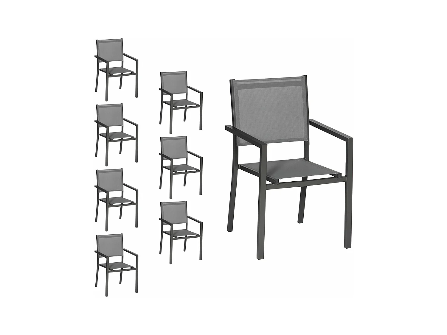 Lot de 8 chaises en aluminium anthracite - textilène gris - HAPPY GARDEN