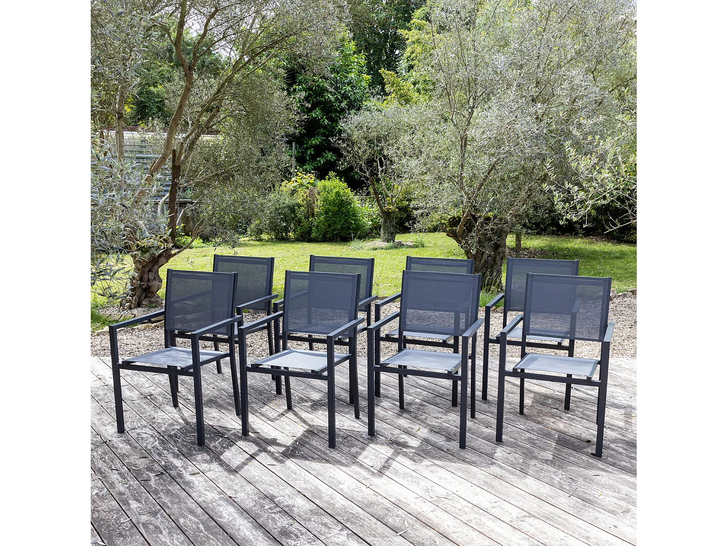 Lot de 8 chaises en aluminium anthracite - textilène gris - HAPPY GARDEN