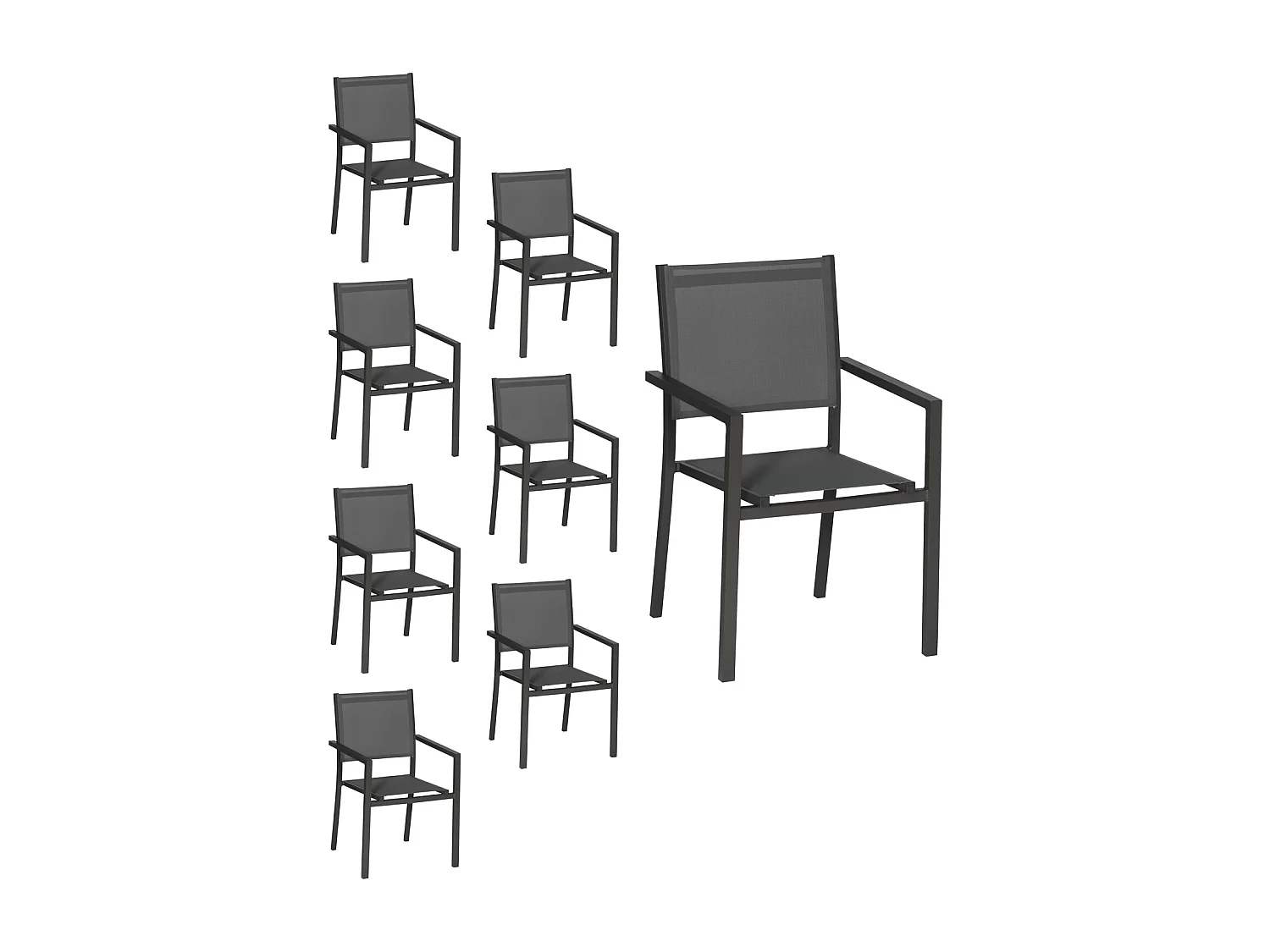 Lot de 8 chaises en aluminium anthracite - textilène gris - HAPPY GARDEN