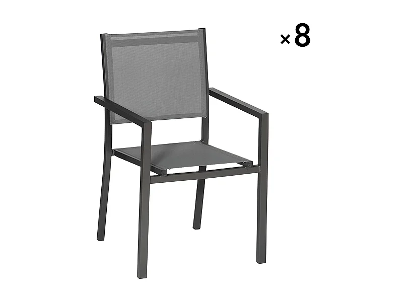 Lot de 8 chaises en aluminium anthracite - textilène gris - HAPPY GARDEN