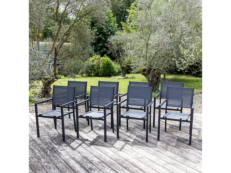 Lot de 8 chaises en aluminium anthracite - textilène gris - HAPPY GARDEN