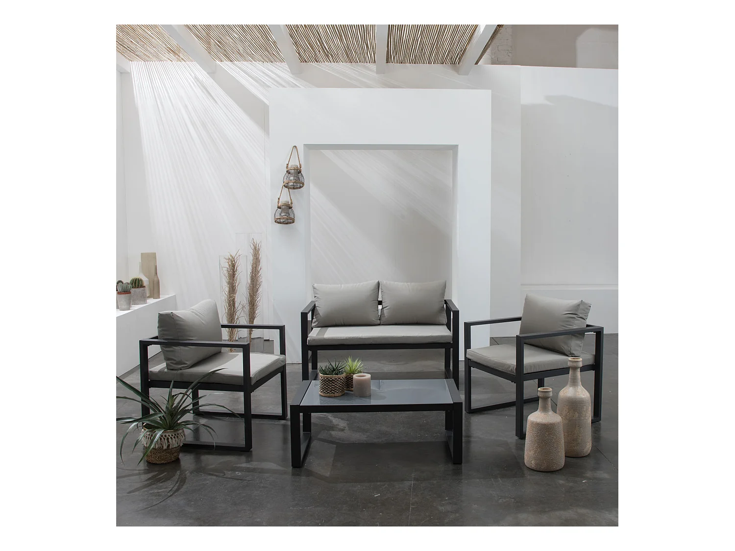 Salon de jardin IBIZA en tissu gris 4 places - aluminium anthracite - HAPPY GARDEN