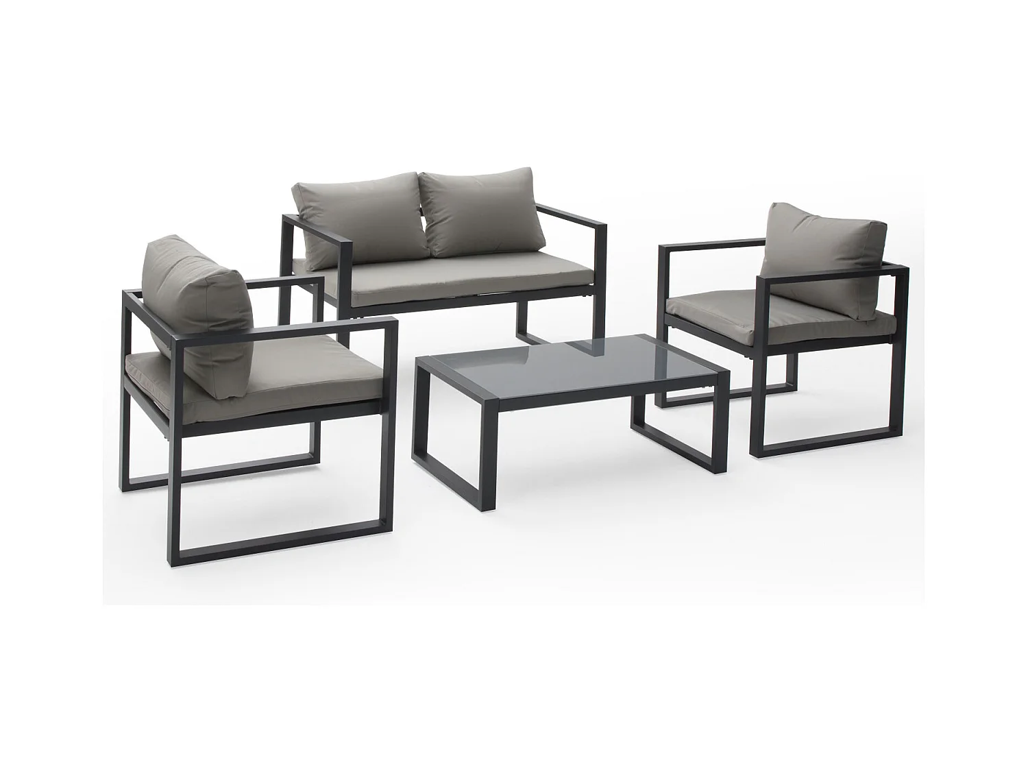 Salon de jardin IBIZA en tissu gris 4 places - aluminium anthracite - HAPPY GARDEN