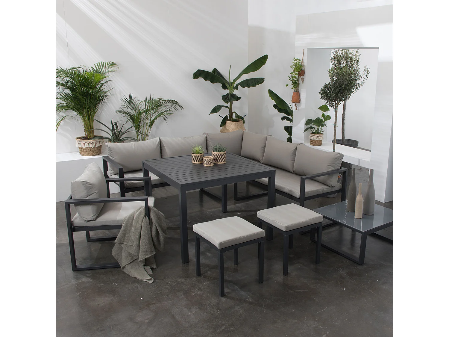 IBIZA modulaire tuinset in grijze stof met 7 zitplaatsen - aluminium antraciet