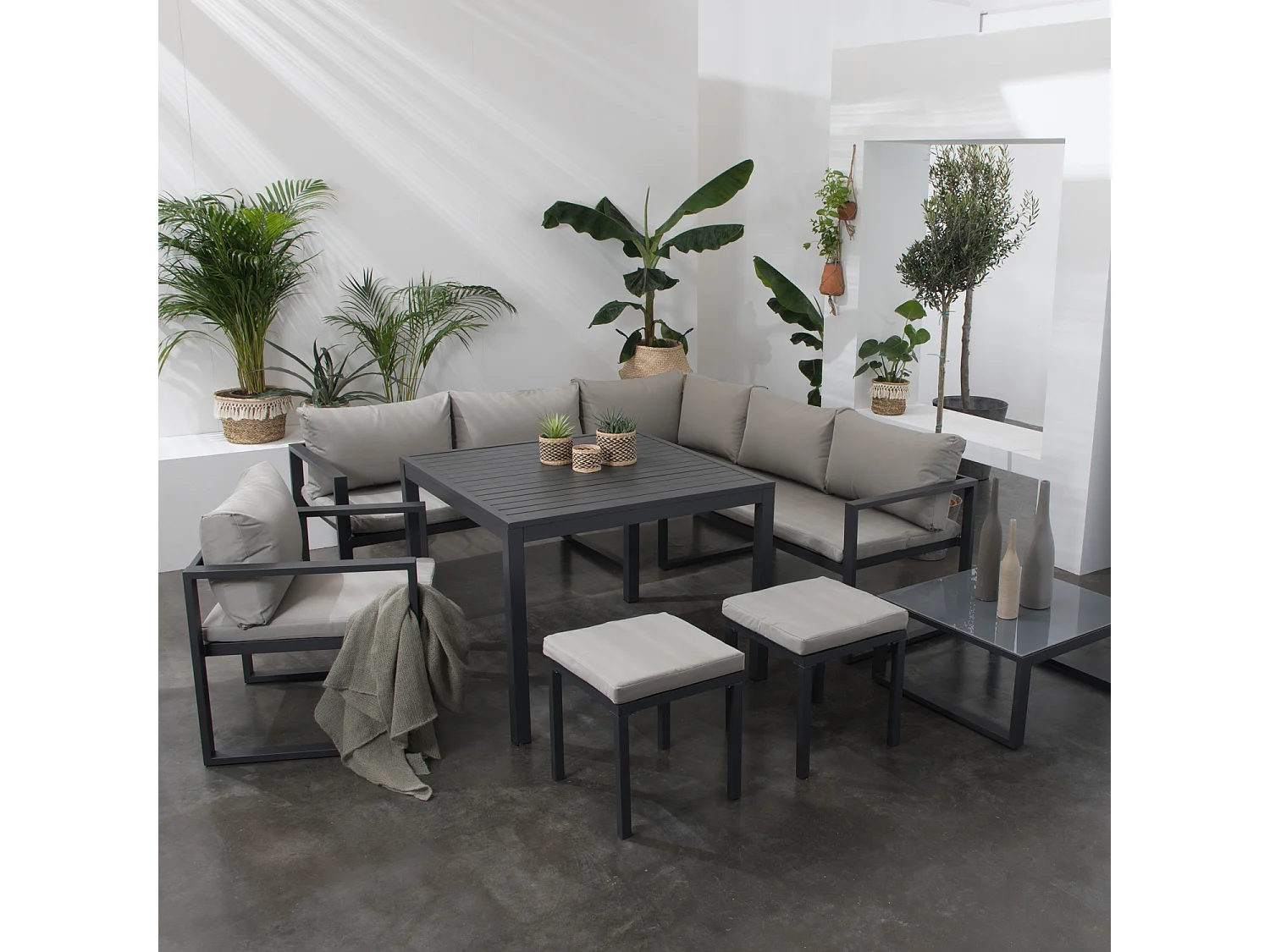 Salon de jardin modulable IBIZA en tissu gris 7 places - aluminium anthracite - HAPPY GARDEN