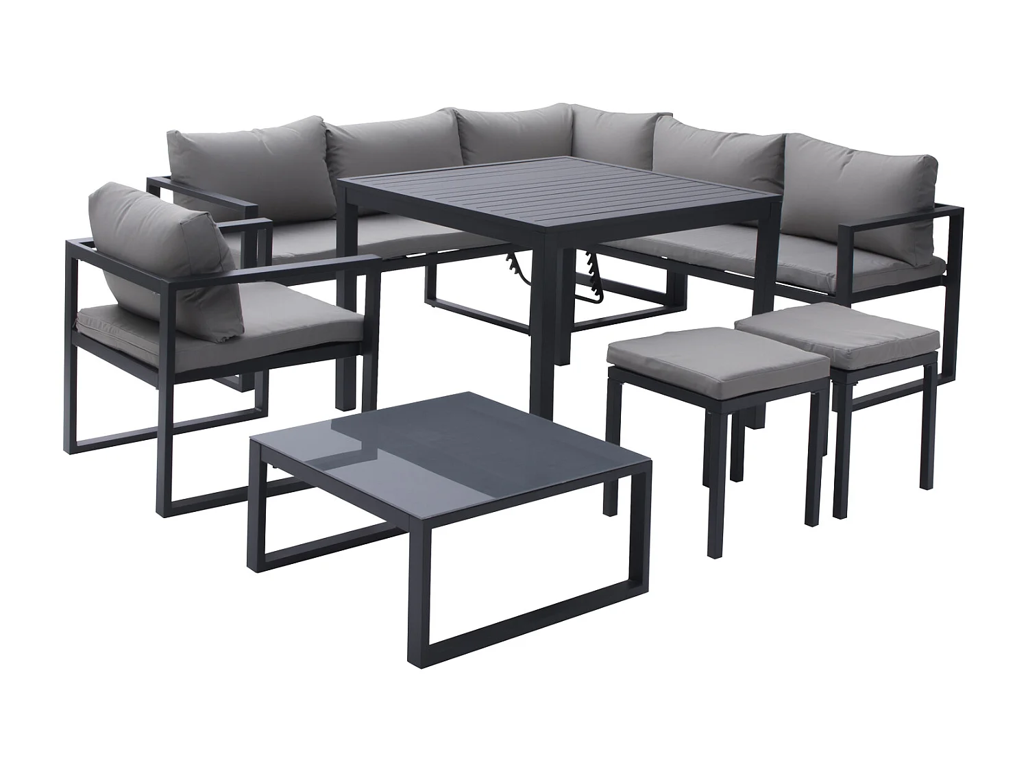 Salon de jardin modulable IBIZA en tissu gris 7 places - aluminium anthracite - HAPPY GARDEN