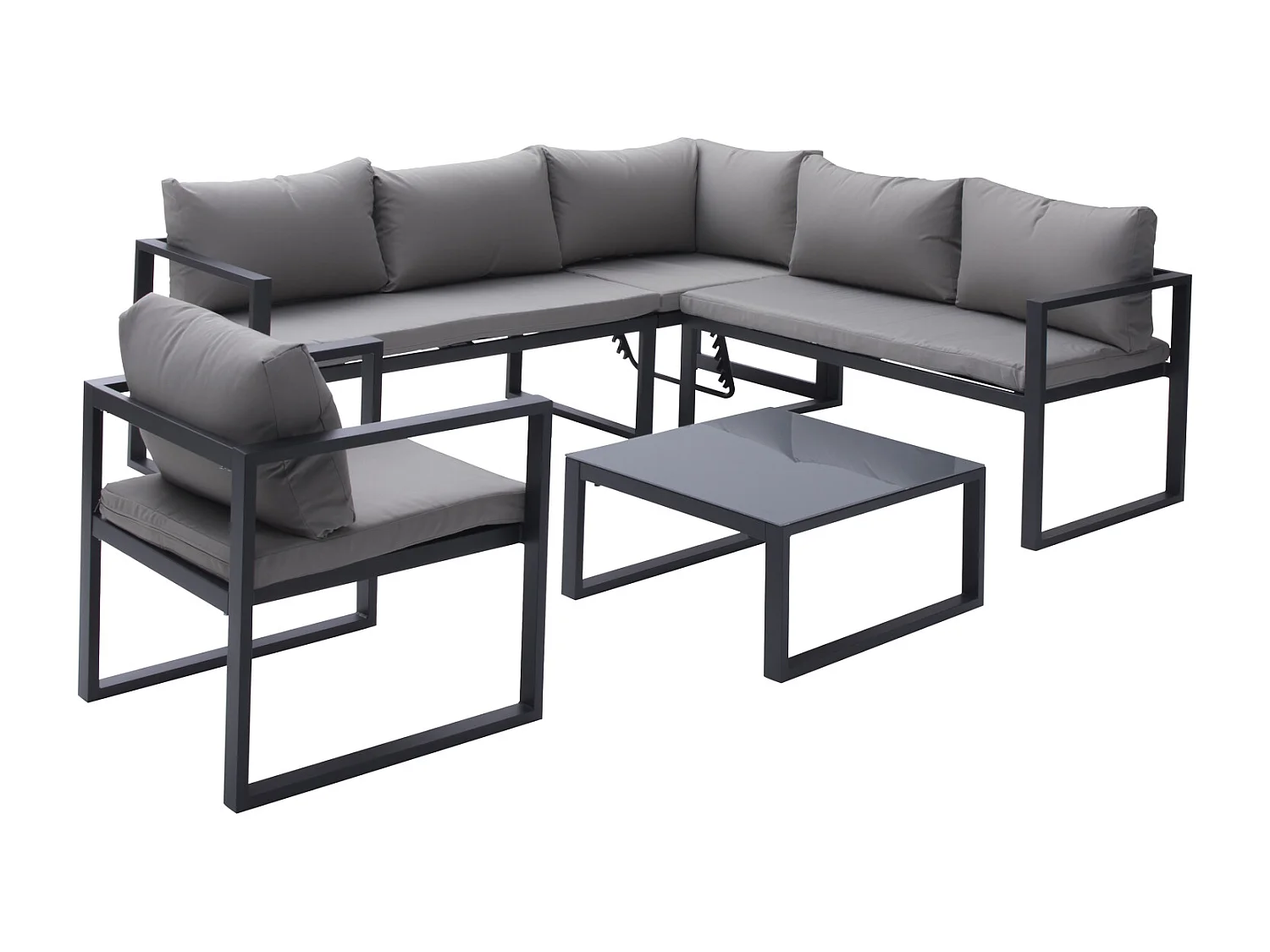 Salon de jardin modulable IBIZA en tissu gris 7 places - aluminium anthracite - HAPPY GARDEN