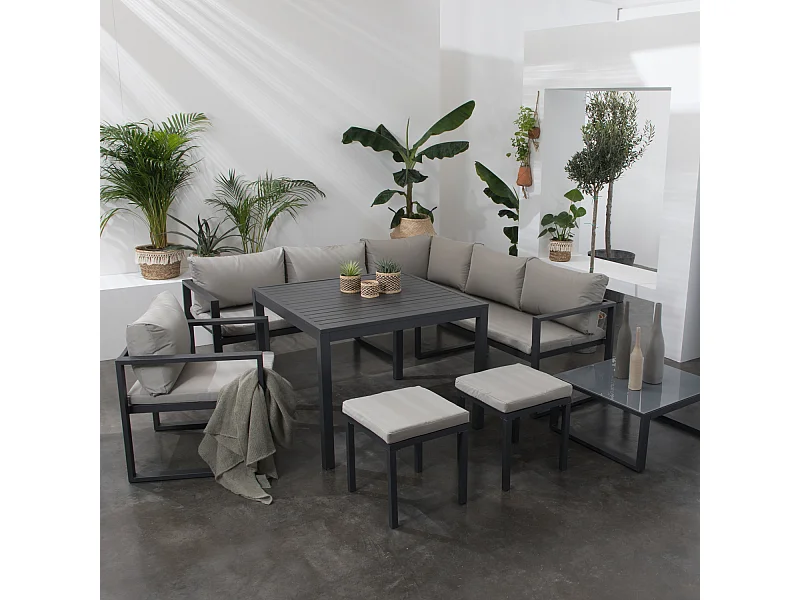 Salon de jardin modulable IBIZA en tissu gris 7 places - aluminium anthracite - HAPPY GARDEN