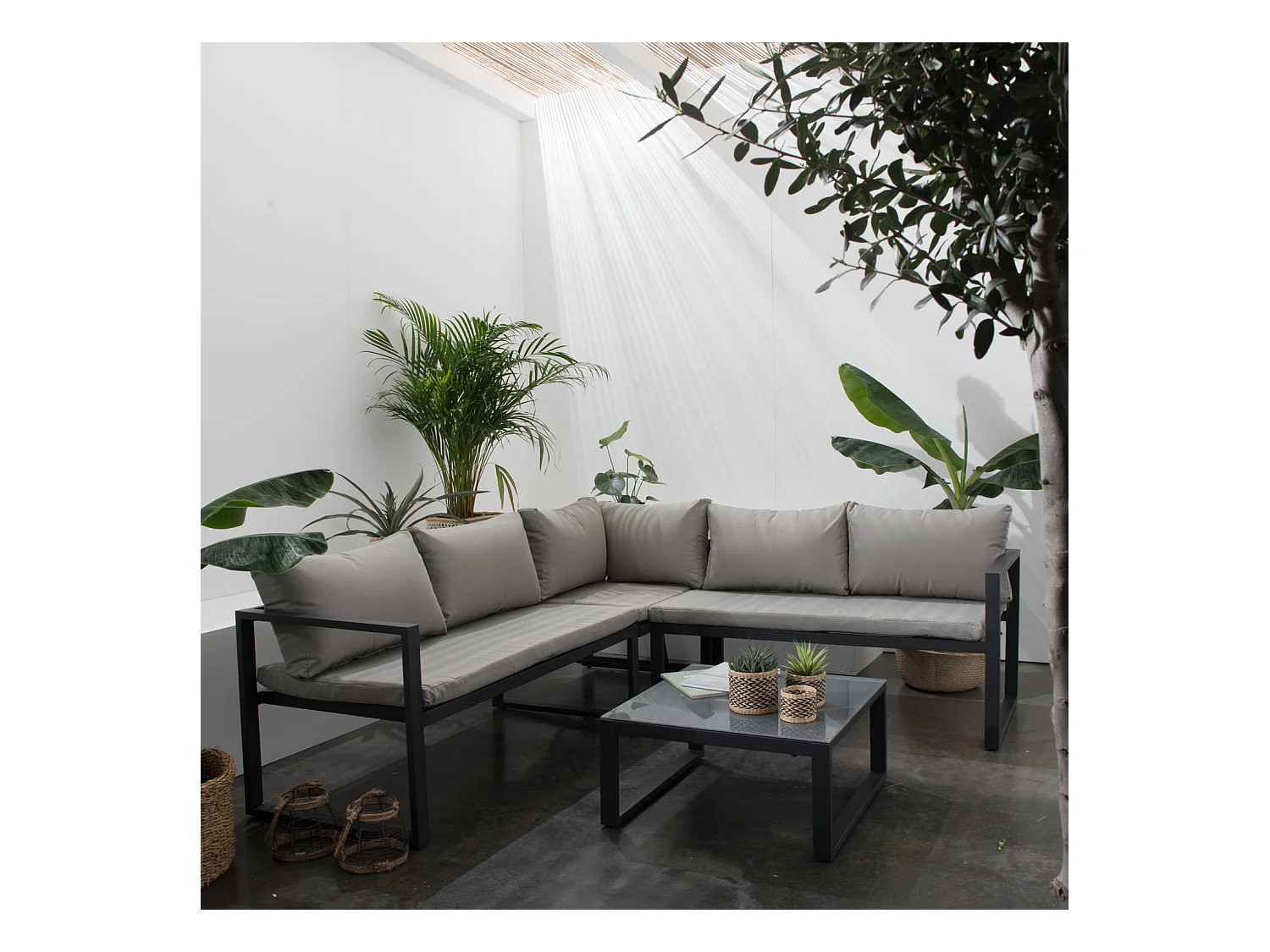 Salon de jardin modulable IBIZA en tissu gris 4 places - aluminium anthracite - HAPPY GARDEN