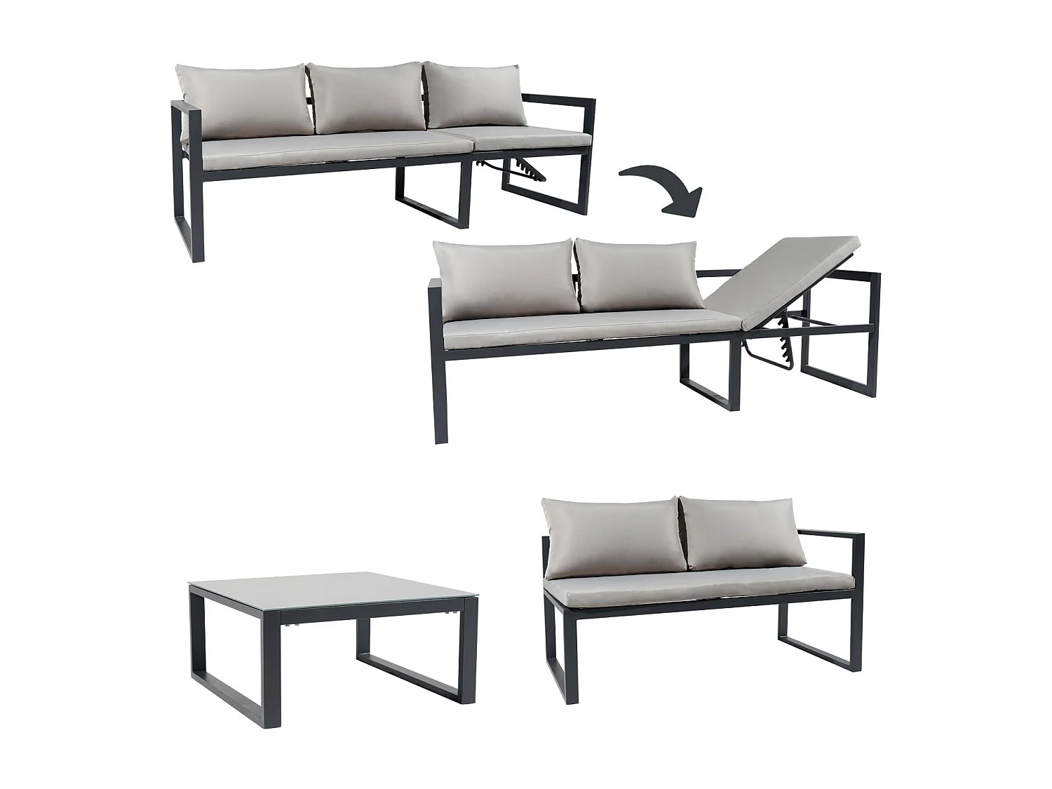 Salon de jardin modulable IBIZA en tissu gris 4 places - aluminium anthracite - HAPPY GARDEN