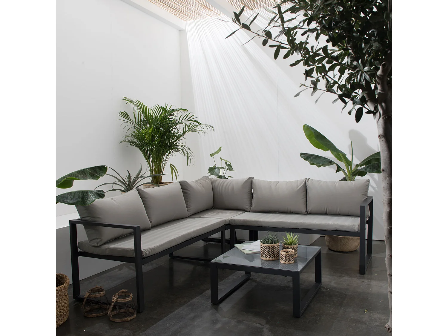 Salon de jardin modulable IBIZA en tissu gris 4 places - aluminium anthracite - HAPPY GARDEN