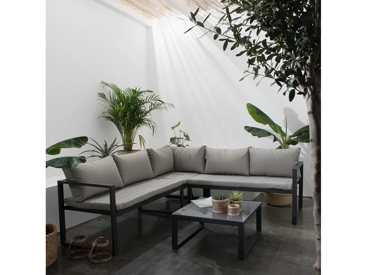 Salon de jardin modulable IBIZA en tissu gris 4 places - aluminium anthracite - HAPPY GARDEN