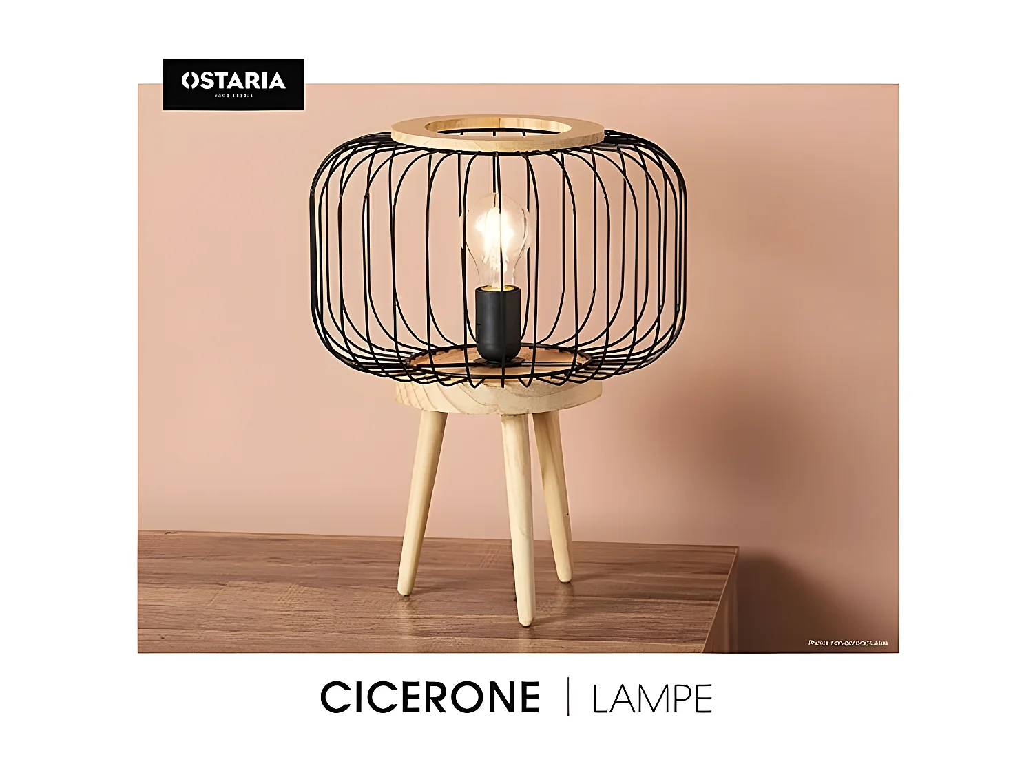 Lampe sur pieds bois Cicerone abat-jour métal Ostaria