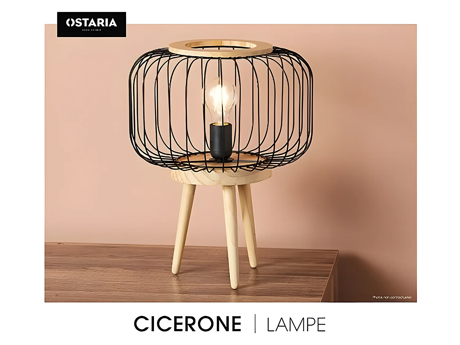 Lampe sur pieds bois Cicerone abat-jour métal Ostaria