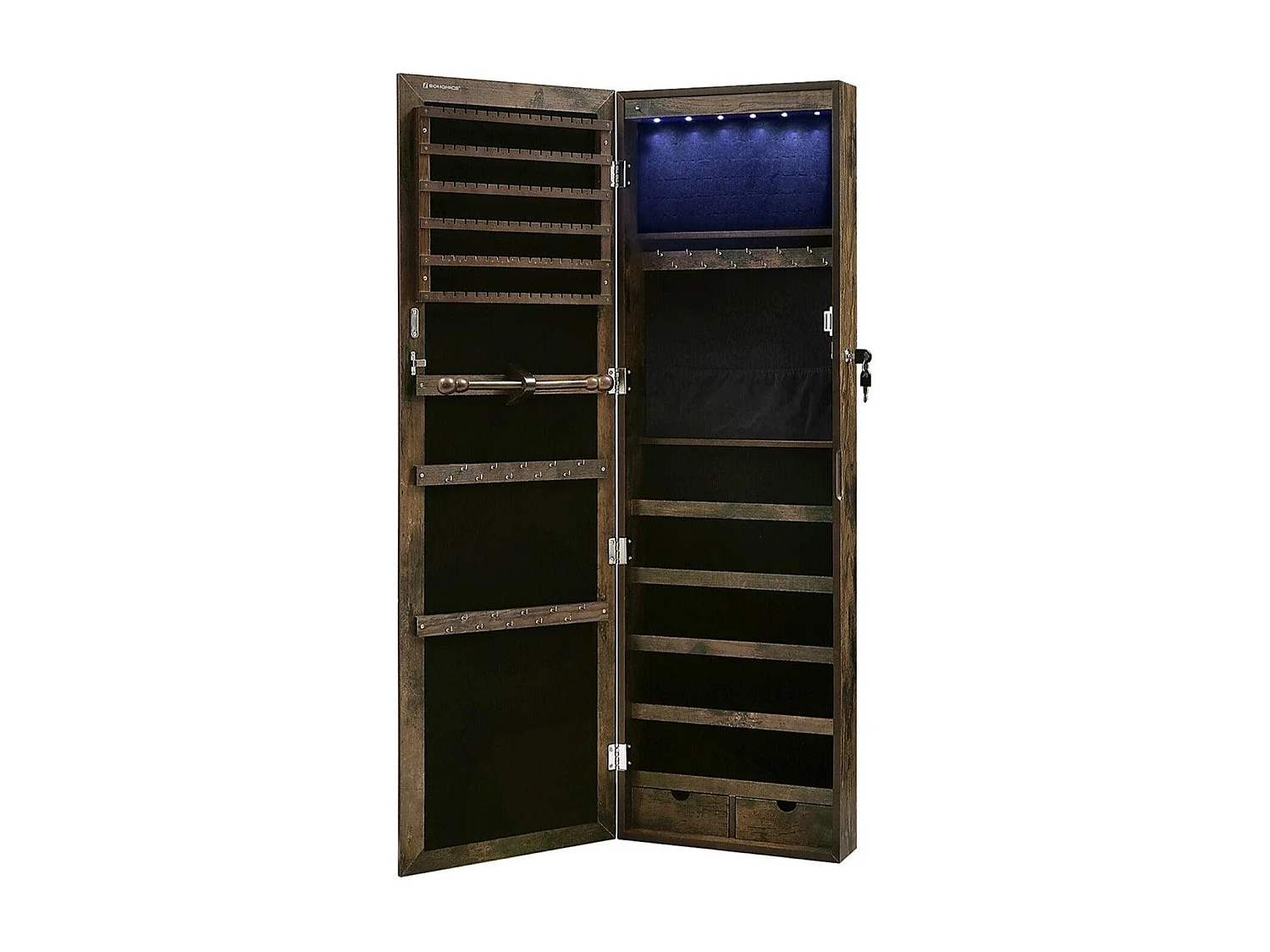 Armário de joias móvel de parede para colares brincos armário de acessórios com espelho vários compartimentos com fechadura 120 cm marrom rústico 12_0002129