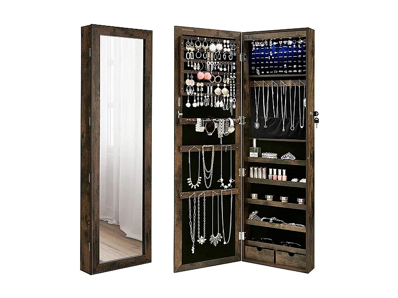 Armário de joias móvel de parede para colares brincos armário de acessórios com espelho vários compartimentos com fechadura 120 cm marrom rústico 12_0002129