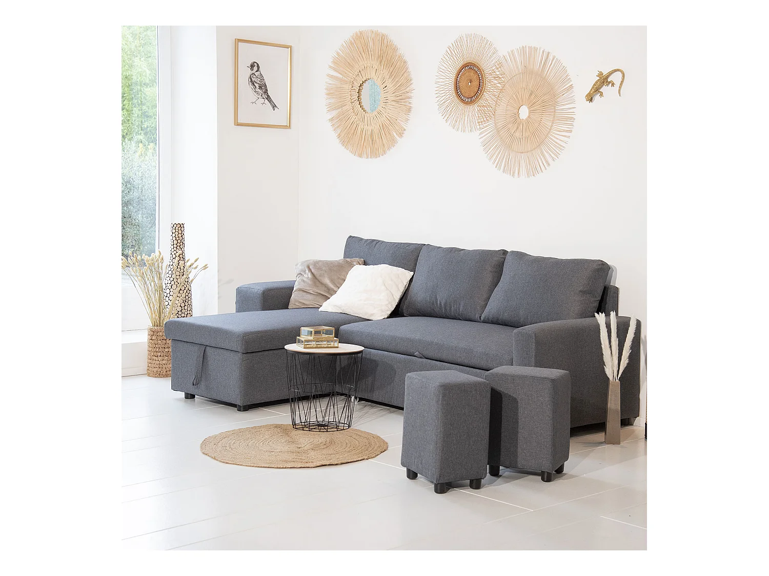 Canapé d'angle convertible TONY 3 places gris chiné - HAPPY GARDEN