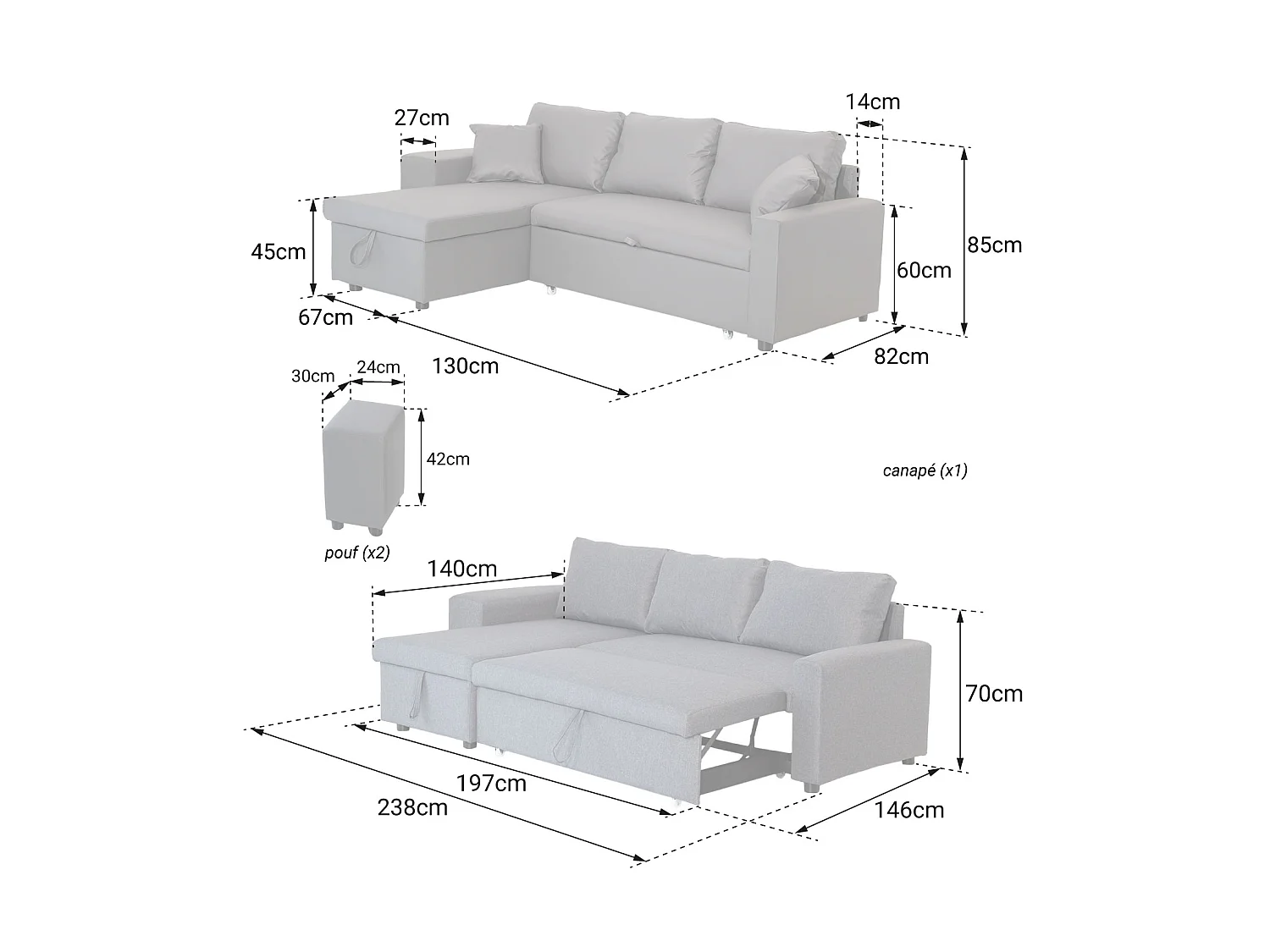 Canapé d'angle convertible TONY 3 places gris chiné - HAPPY GARDEN