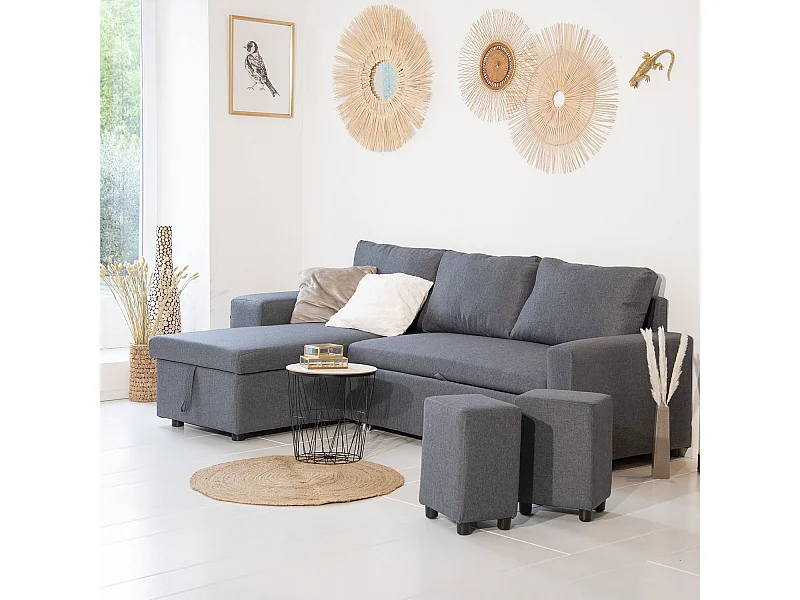 Sofá cama de canto TONY 3 lugares com manchas cinzentas